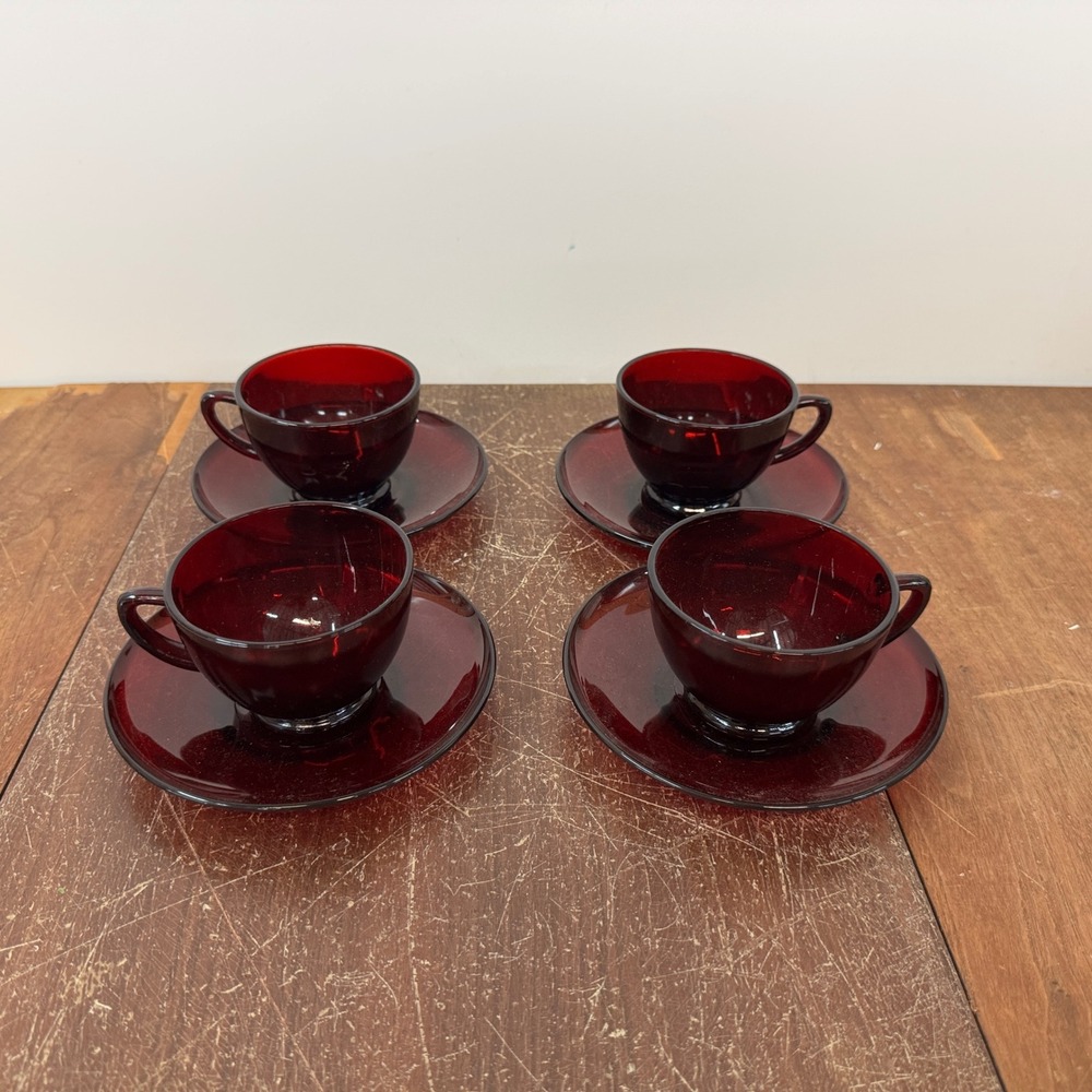 Vintage Arcoroc France Ruby Red Glass‎ Tea Coffee Cup & Saucer Set of 4